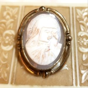 1940s Holy Mother Shell Cameo Brooch Pendant